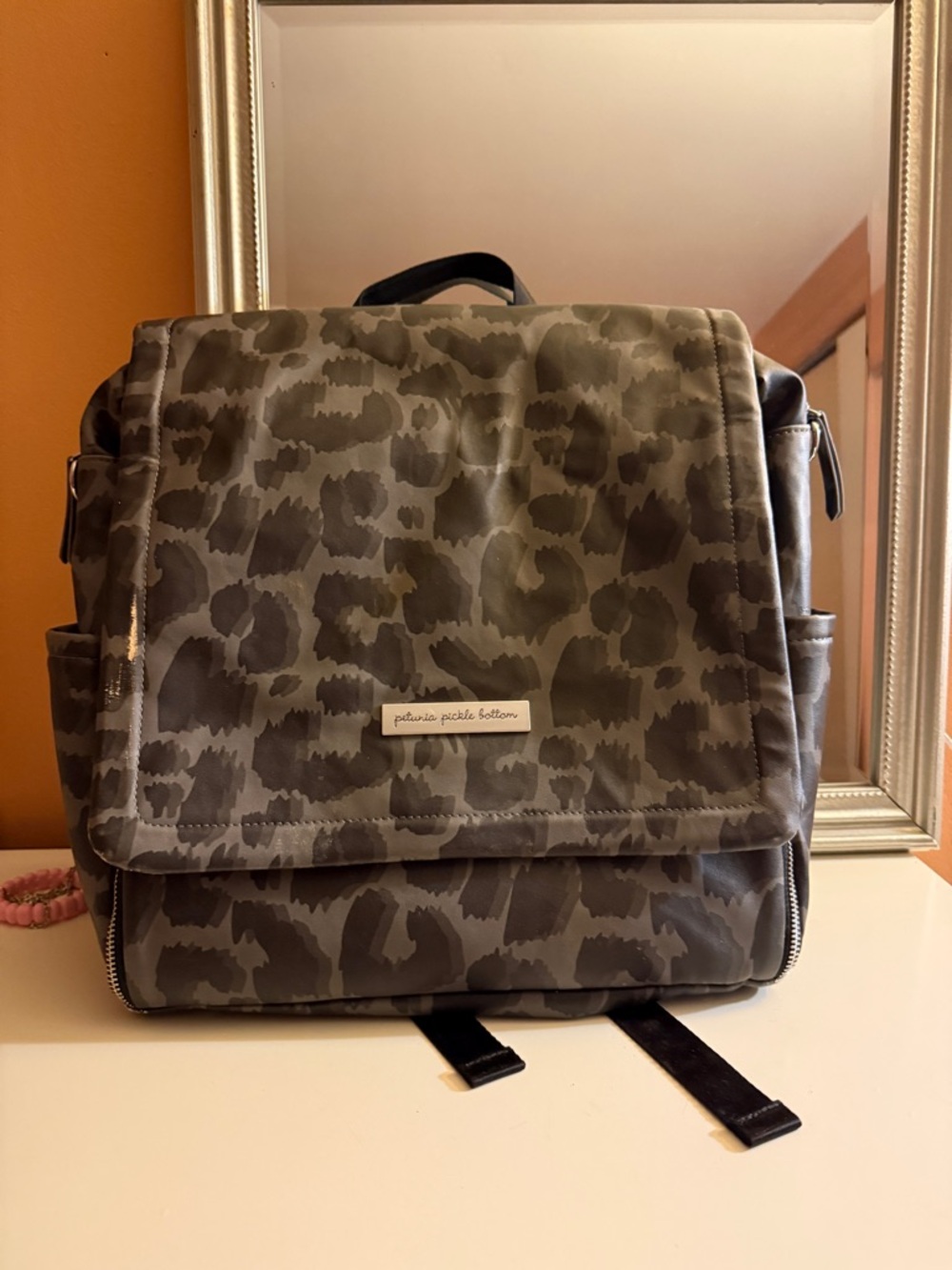 Petunia Pickle Bottom Gray Leopard Print Diaper Backpack